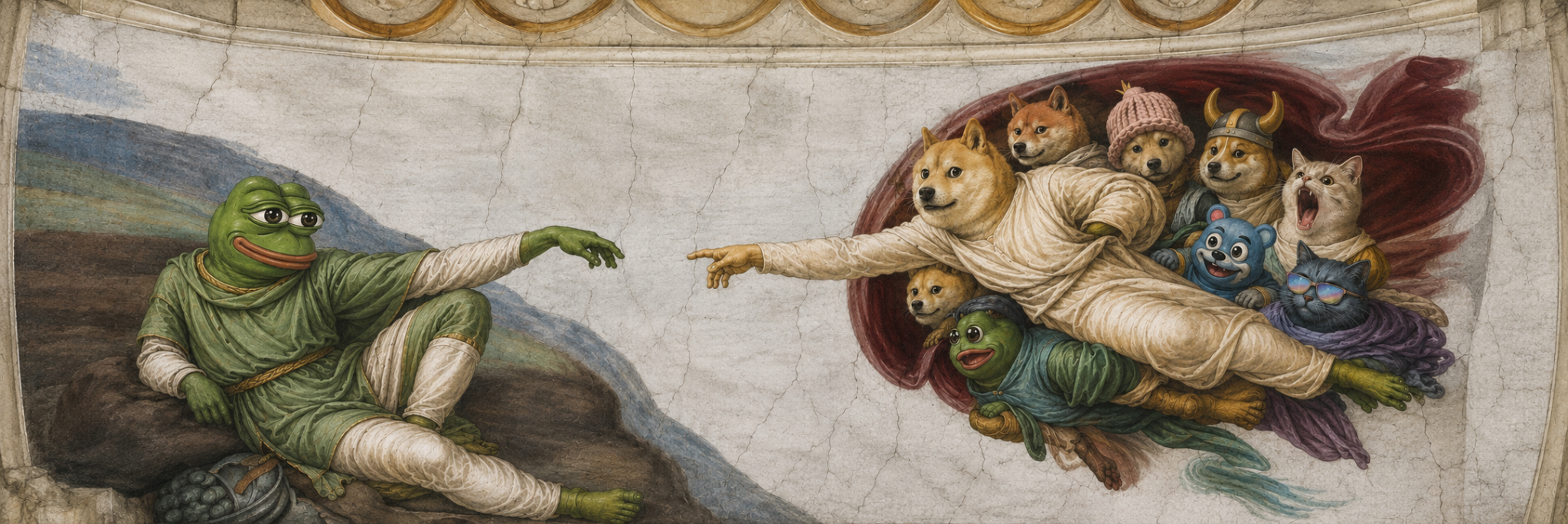 A Renaissance fresco of Pepe reaching toward a gathering of famous meme characters