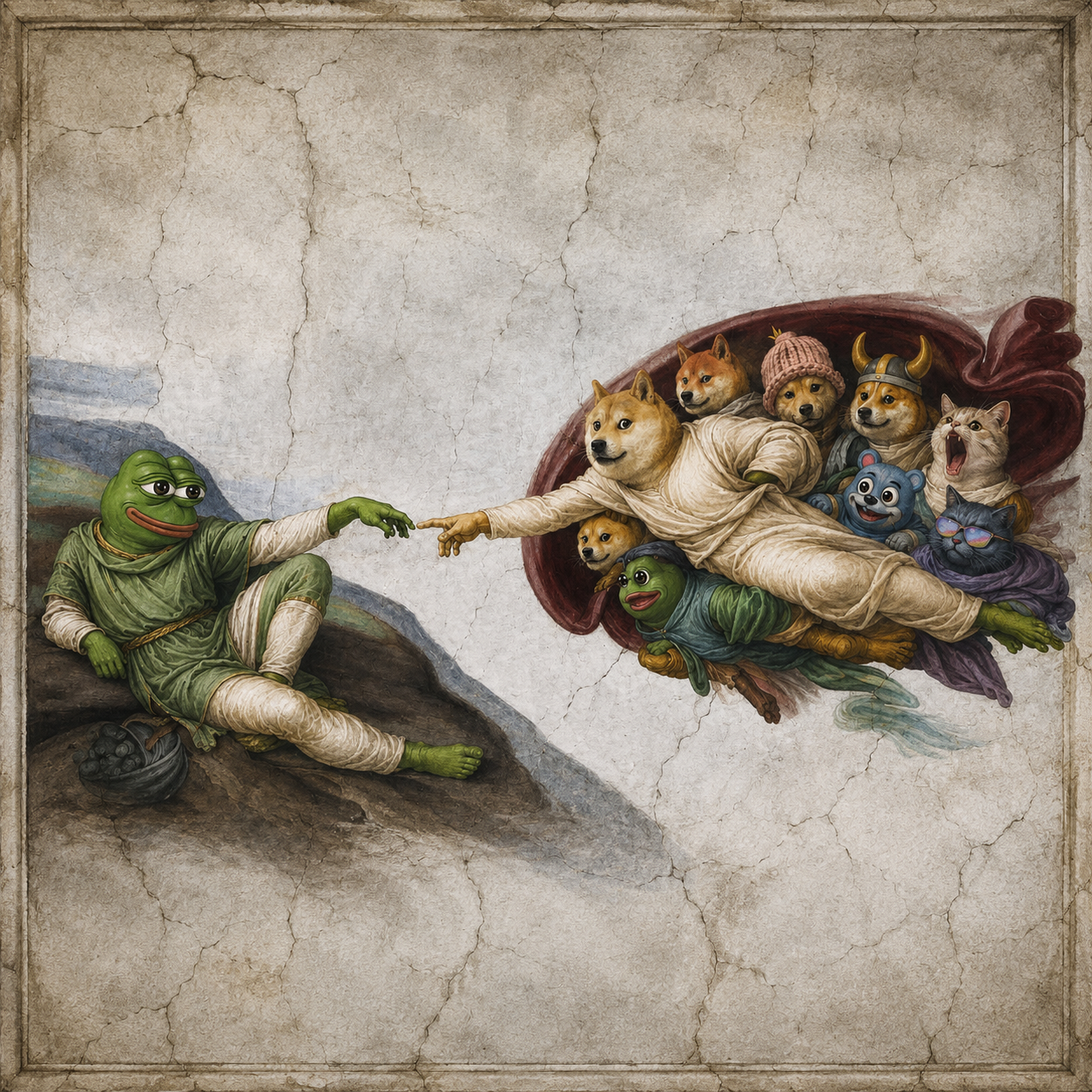 Pepe in a Renaissance fresco reaching toward famous meme characters